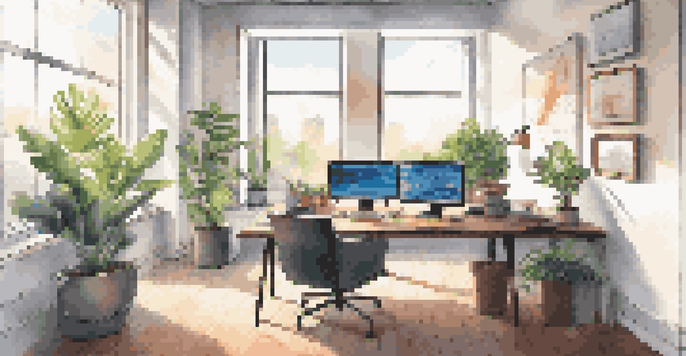A bright and modern office workspace with a laptop, data charts on a monitor, and a potted plant.