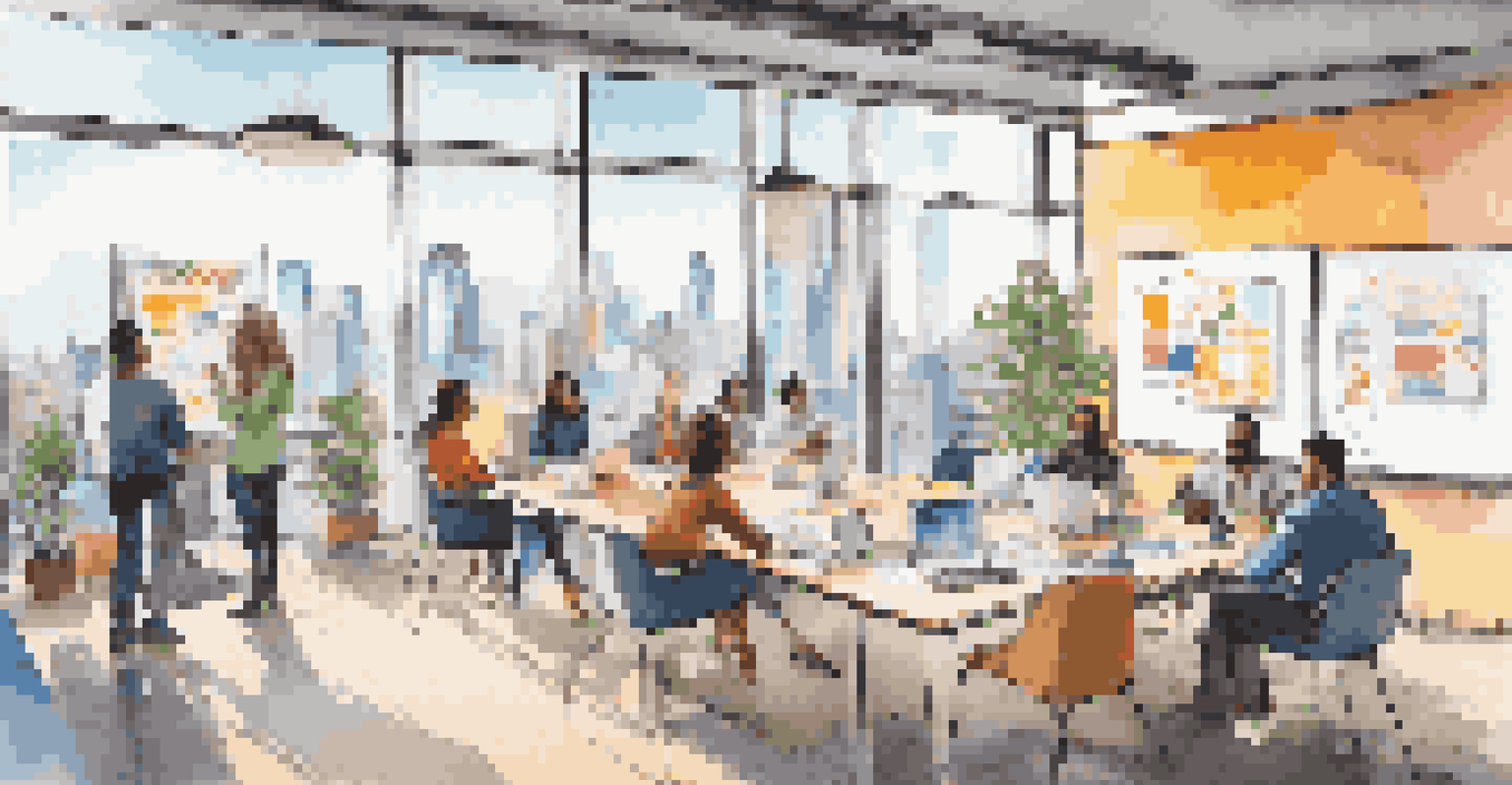 A lively co-working space with diverse individuals collaborating, surrounded by bright natural light and colorful decor.