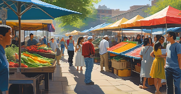 A lively urban market filled with diverse suppliers and colorful stalls, featuring handmade crafts and fresh produce under dappled sunlight.