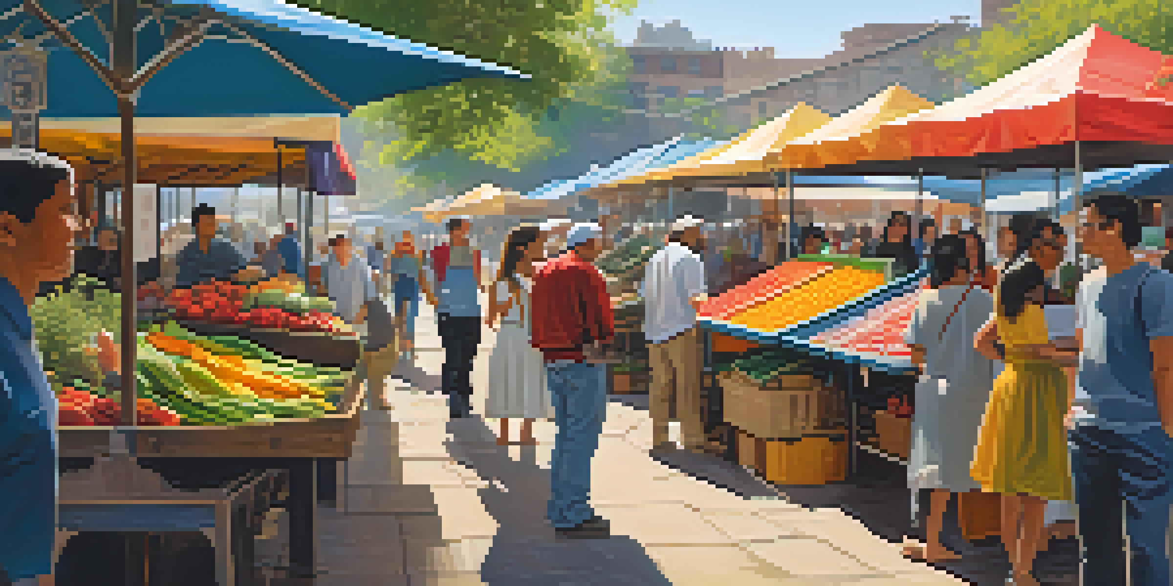 A lively urban market filled with diverse suppliers and colorful stalls, featuring handmade crafts and fresh produce under dappled sunlight.