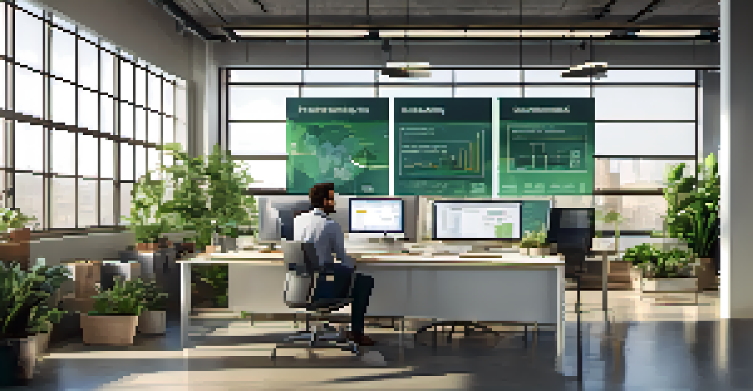 A company representative and a supplier discussing sustainability goals in an eco-friendly office setting, with plants and sustainability metrics displayed on the walls.