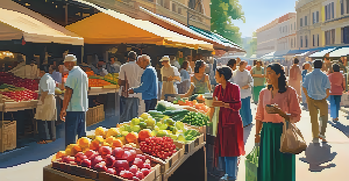 A lively street market filled with colorful stalls, fresh produce, and smiling shoppers under bright sunlight.