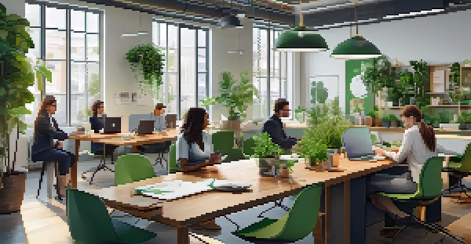 A diverse team of professionals collaborating in a bright, modern office with plants and natural light.