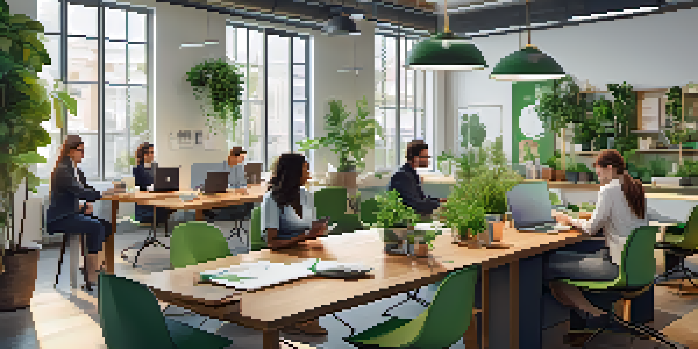 A diverse team of professionals collaborating in a bright, modern office with plants and natural light.