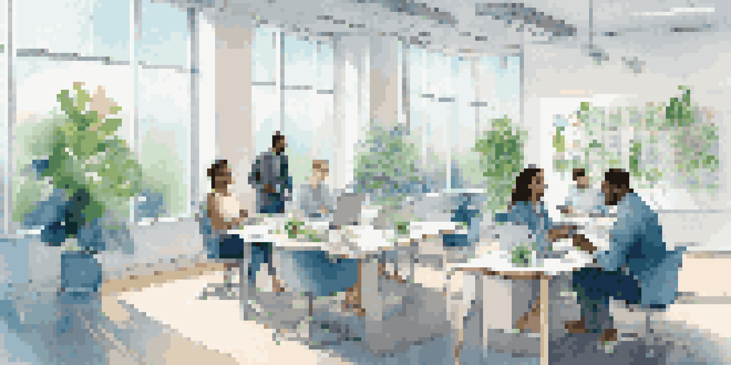 A diverse group of professionals discussing data privacy in a modern office setting, surrounded by laptops and plants.