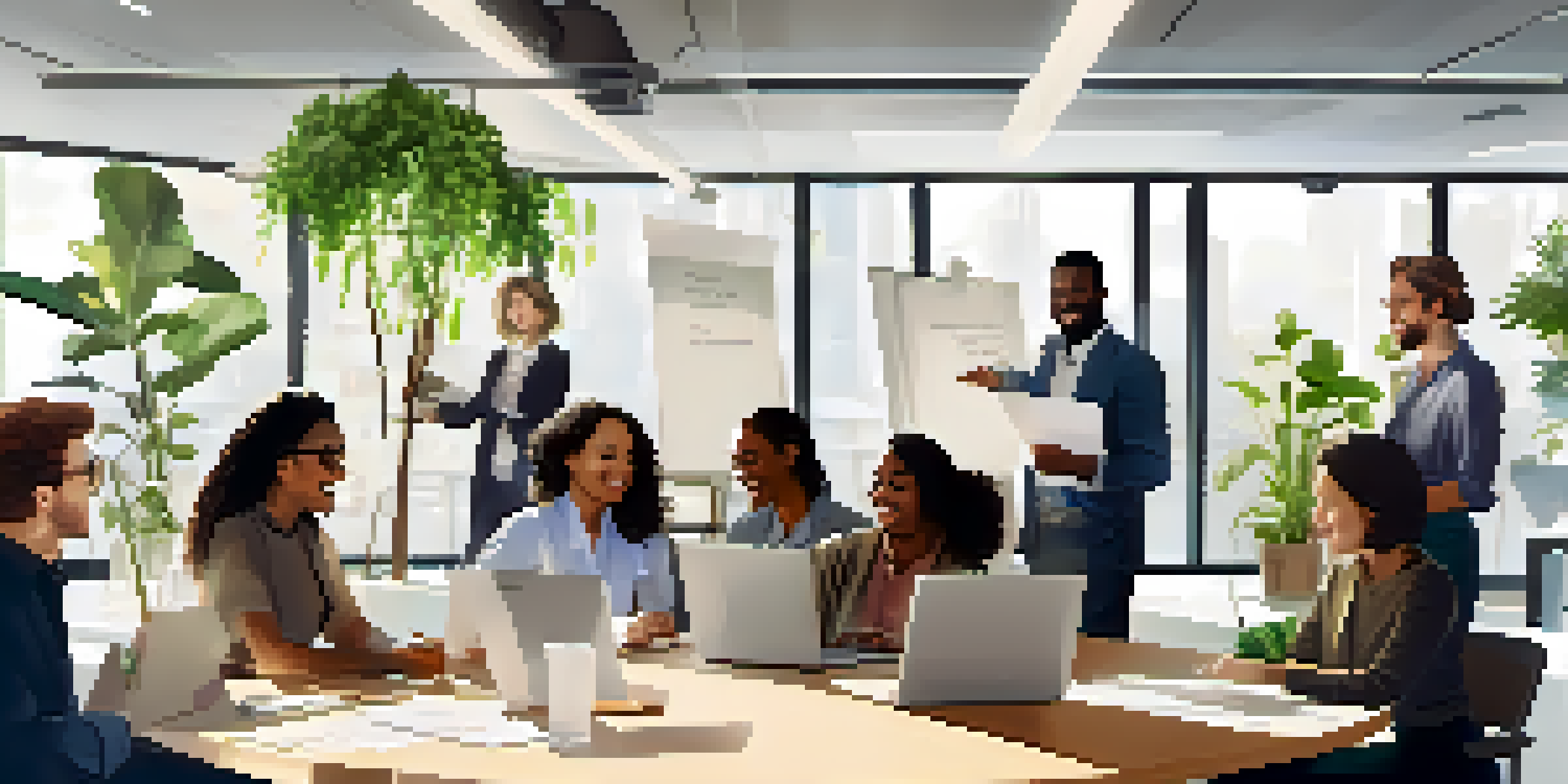 A diverse group of professionals in a bright office engaging in a feedback session, smiling and collaborating around a round table.