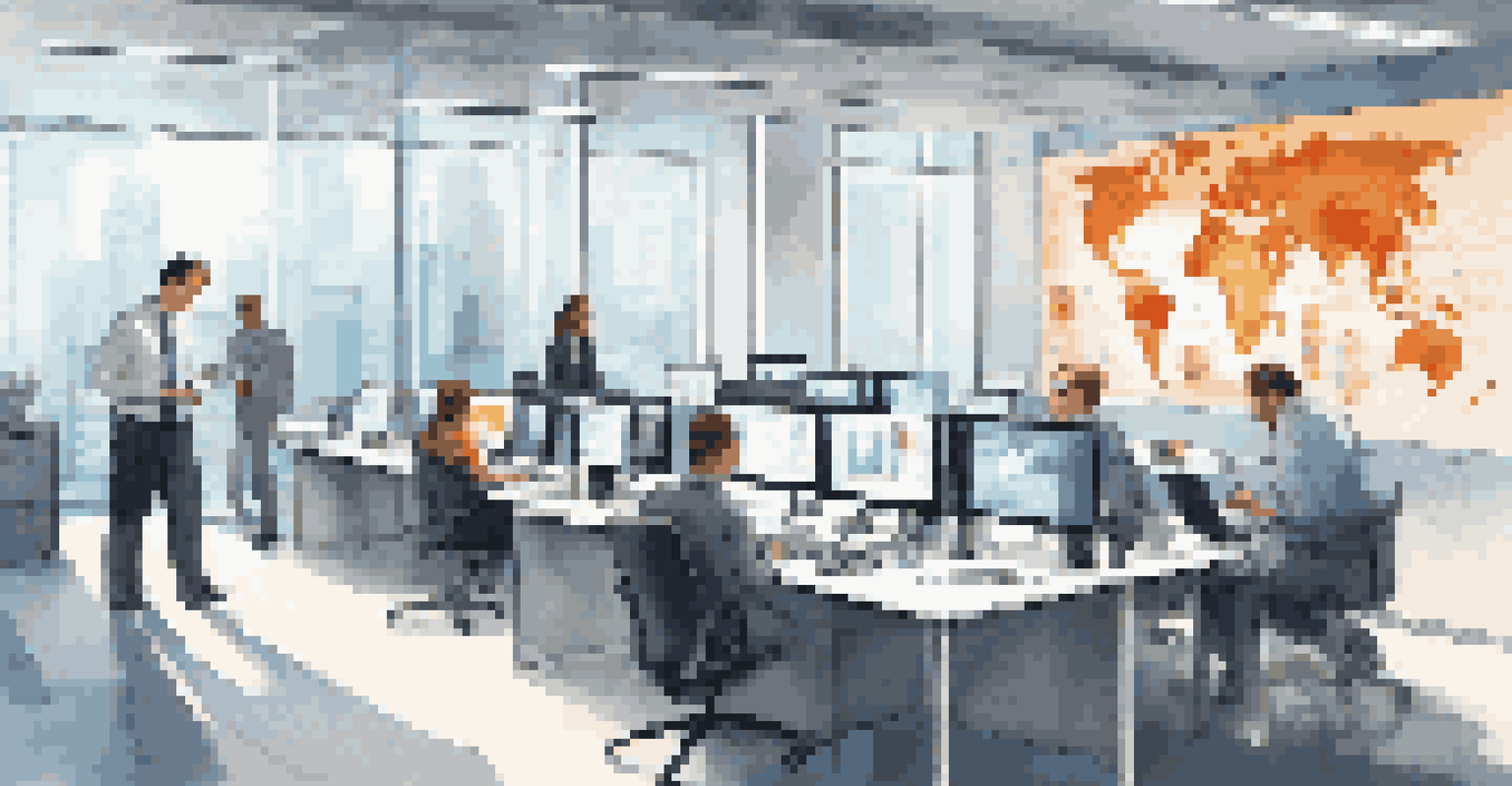 A modern office with employees analyzing risk management data on screens, surrounded by technological devices and infographics.