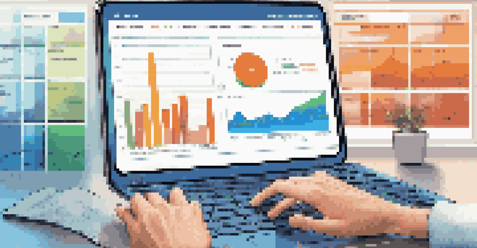 A laptop screen showing a colorful dashboard with data visualizations in an office environment.