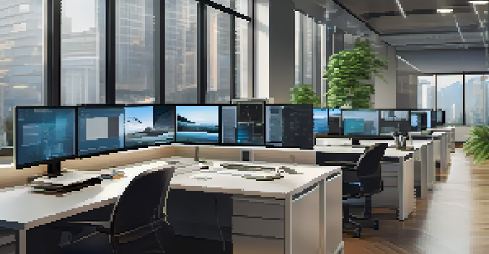 A contemporary office setup with a desk and laptop, equipped with surveillance cameras and screens, showcasing a bright and inviting workspace.