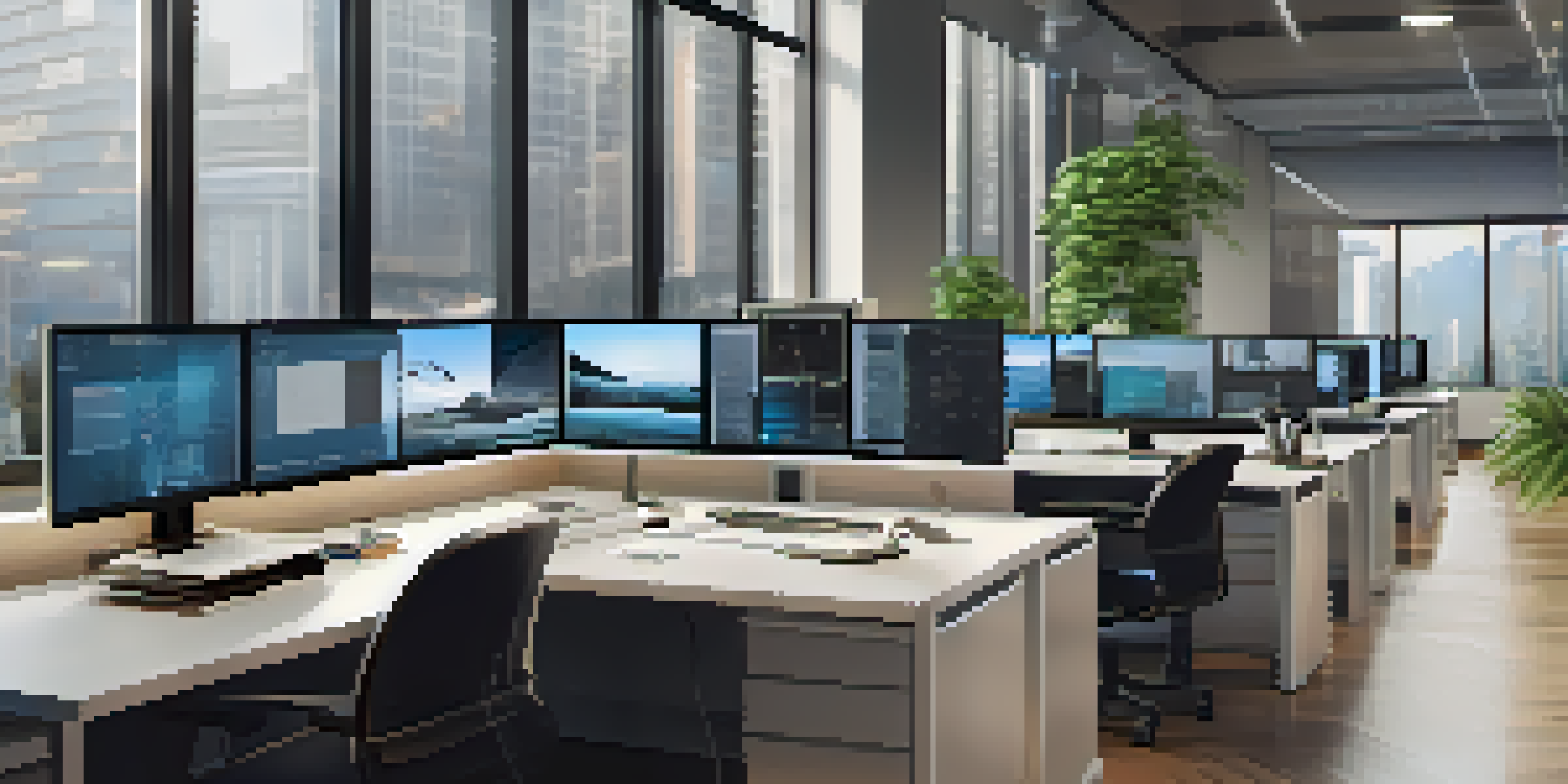 A contemporary office setup with a desk and laptop, equipped with surveillance cameras and screens, showcasing a bright and inviting workspace.