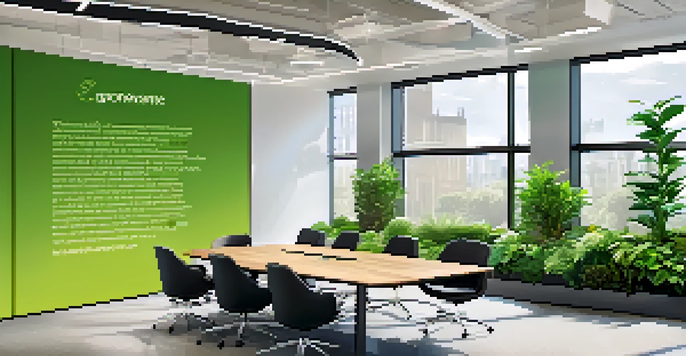 A diverse group of professionals in a bright office discussing corporate governance, with motivational quotes on the walls.