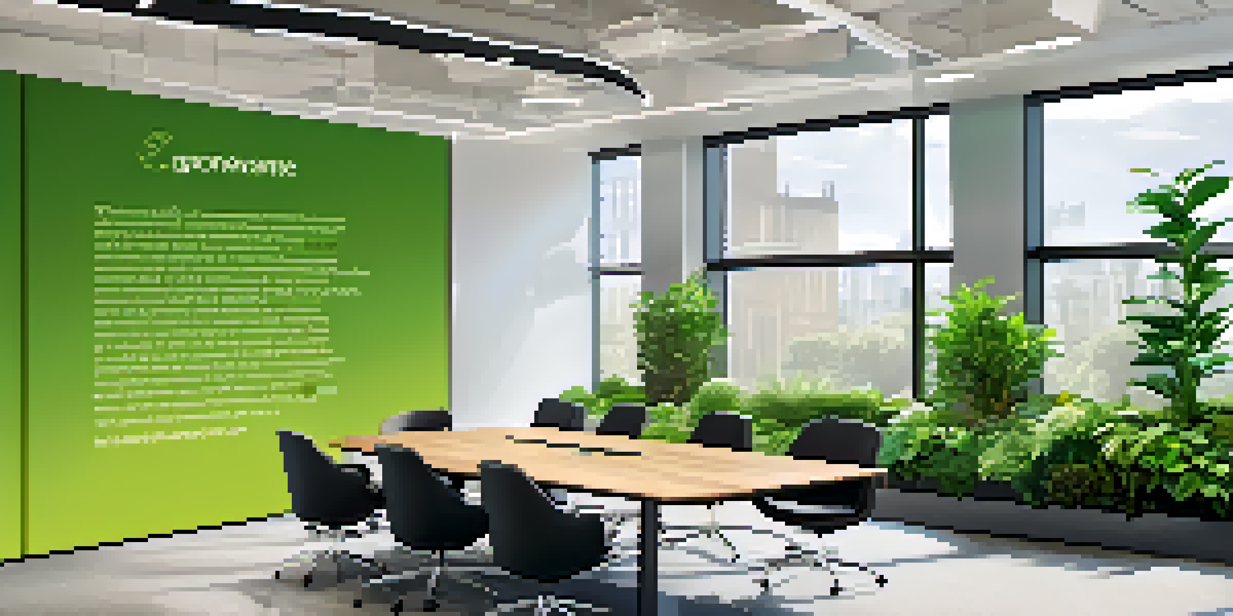A diverse group of professionals in a bright office discussing corporate governance, with motivational quotes on the walls.