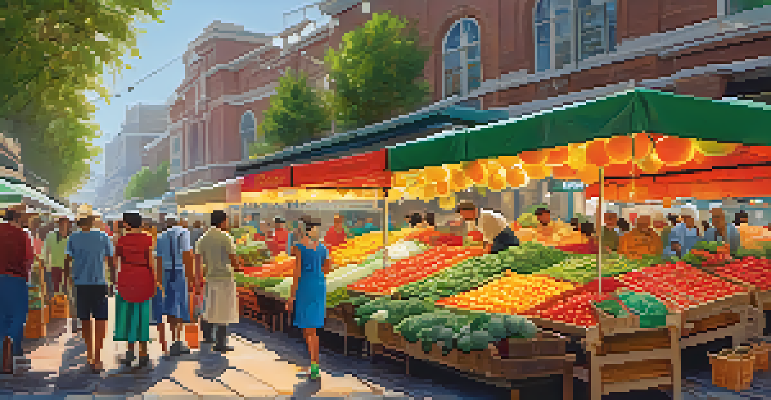 A lively street market filled with colorful fruit and vegetable stalls, with shoppers interacting with vendors under string lights.