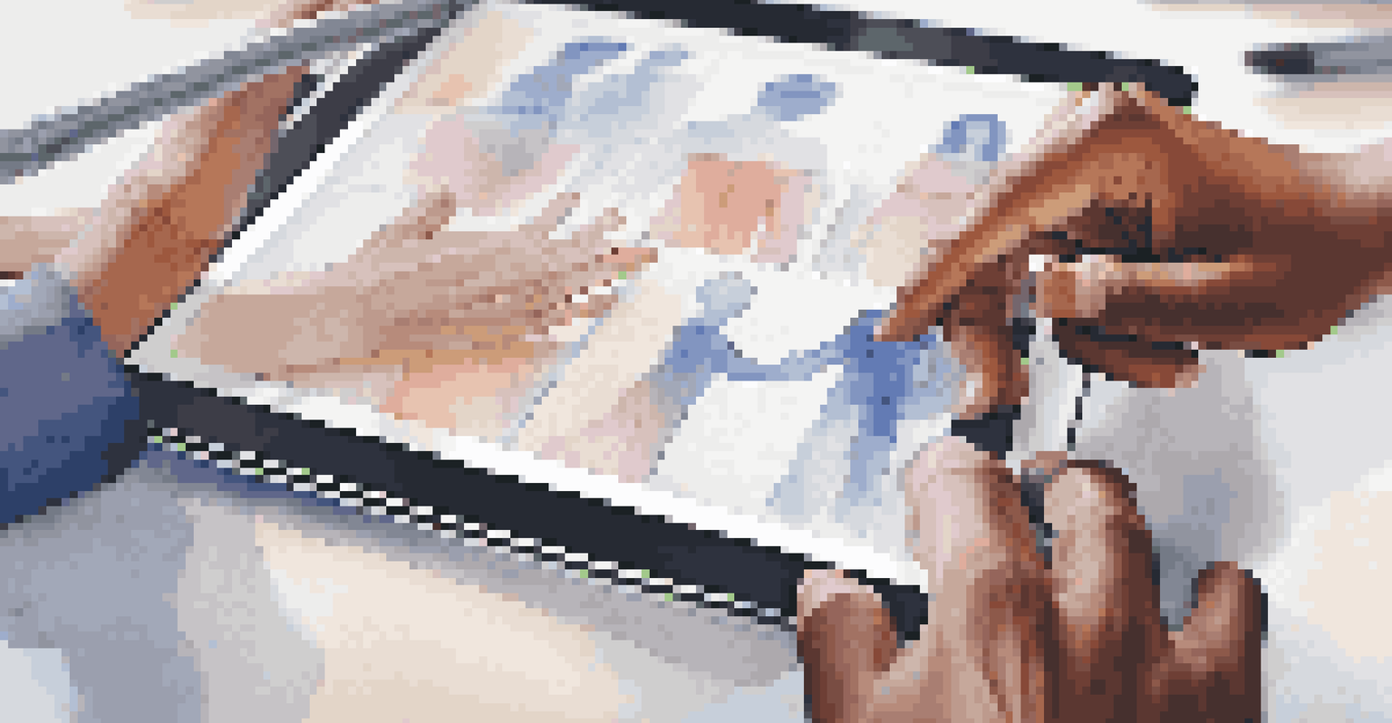 Close-up of diverse hands collaborating on a digital project using a tablet.