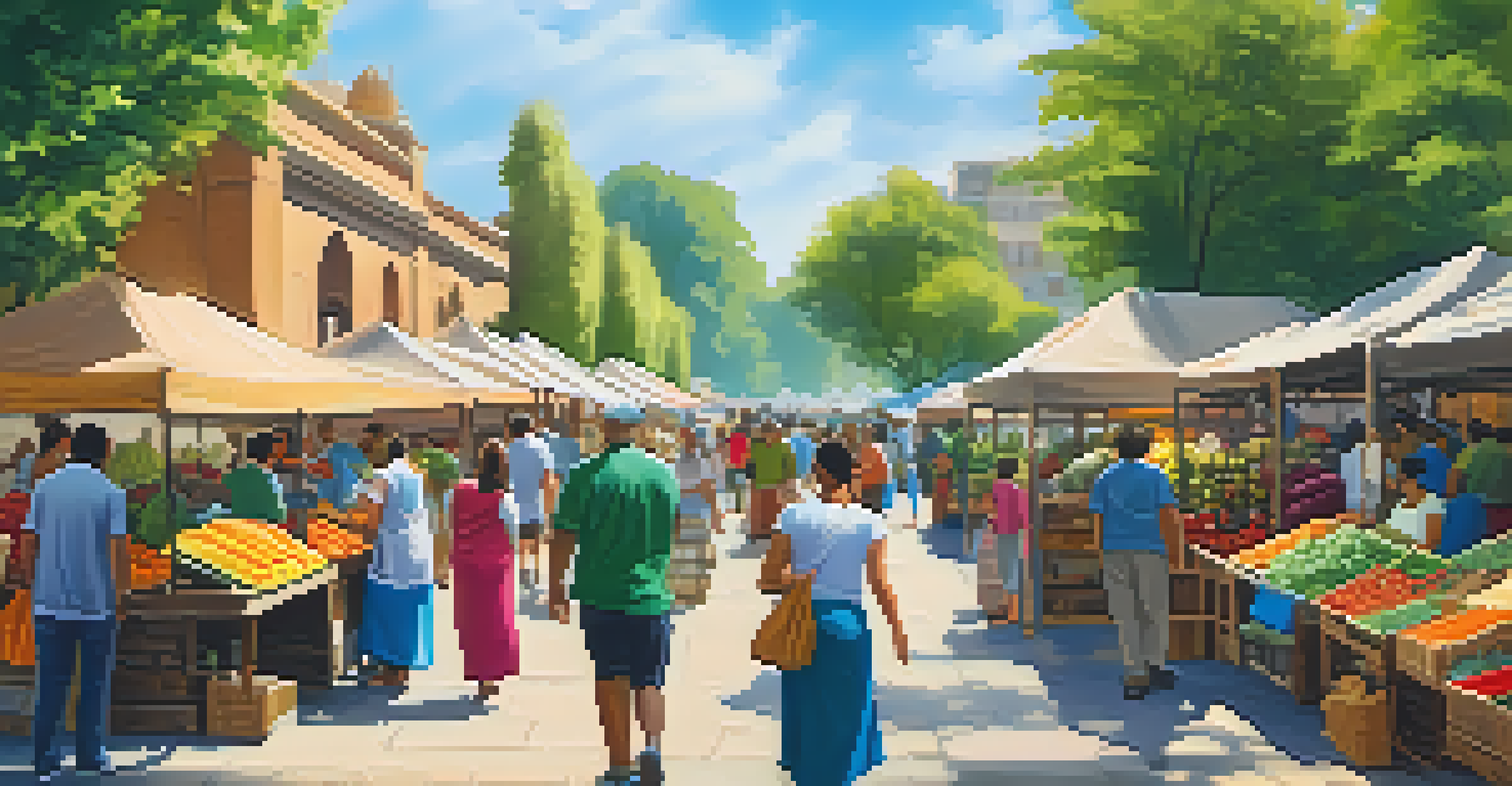 A vibrant outdoor market filled with colorful stalls of fresh produce and crafts, with people browsing and engaging with vendors under a sunny sky.
