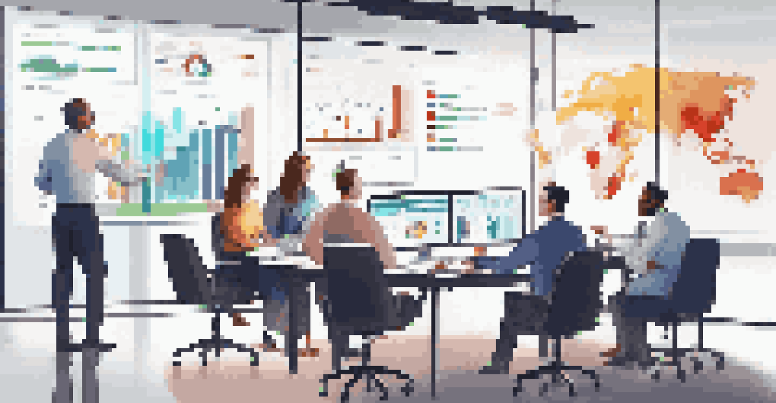 A team of professionals discussing CRM analytics in a bright office environment.