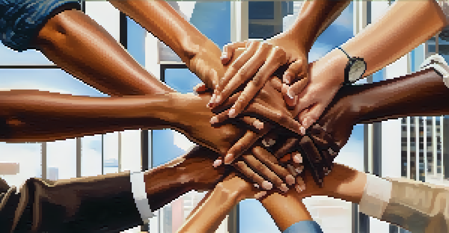 A close-up of diverse hands joined together, symbolizing collaboration and partnership in a business context.