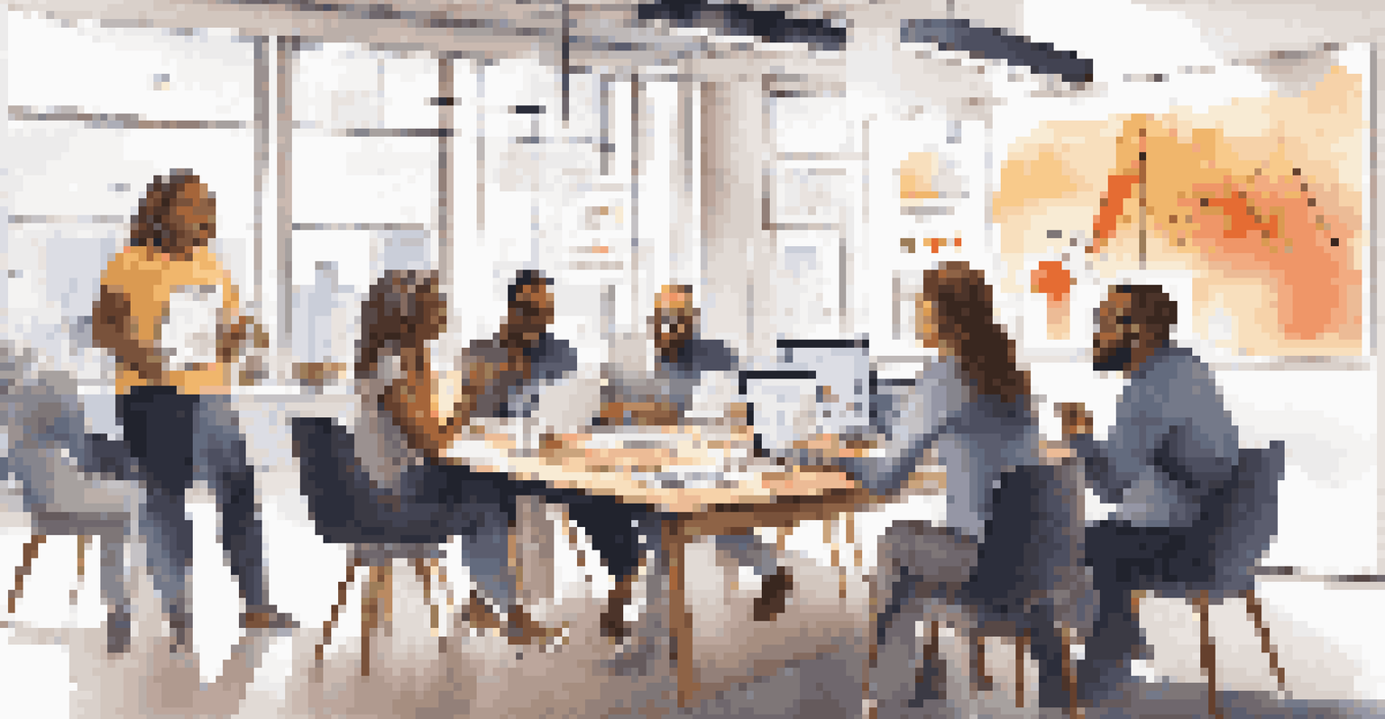 A diverse group of entrepreneurs collaborating at a table, brainstorming ideas together.