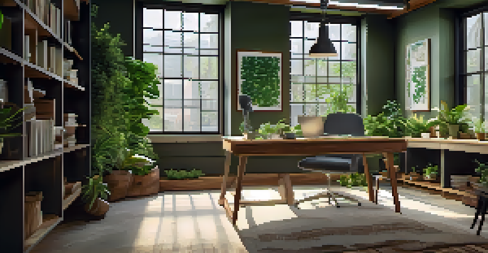 An eco-friendly office with natural light, green plants, and a reclaimed wooden desk.