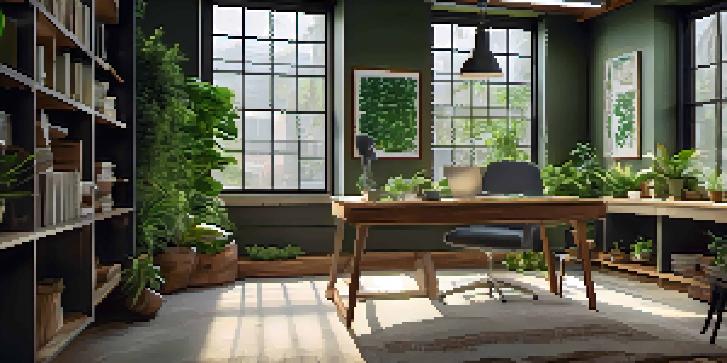 An eco-friendly office with natural light, green plants, and a reclaimed wooden desk.