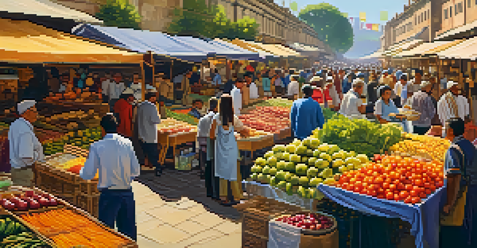 A bustling outdoor market with vibrant stalls and shoppers interacting with vendors.