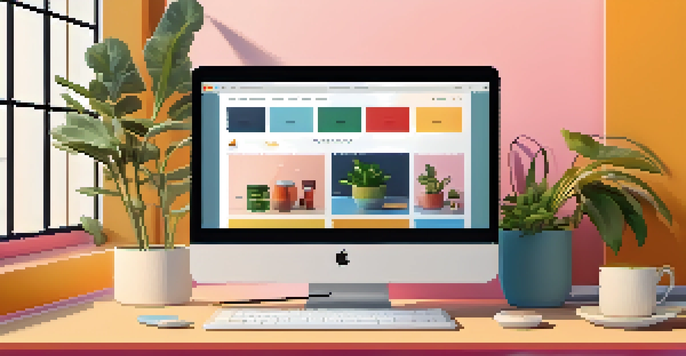 A laptop showing a vibrant e-commerce website in a cozy workspace, with a potted plant and a cup of coffee.