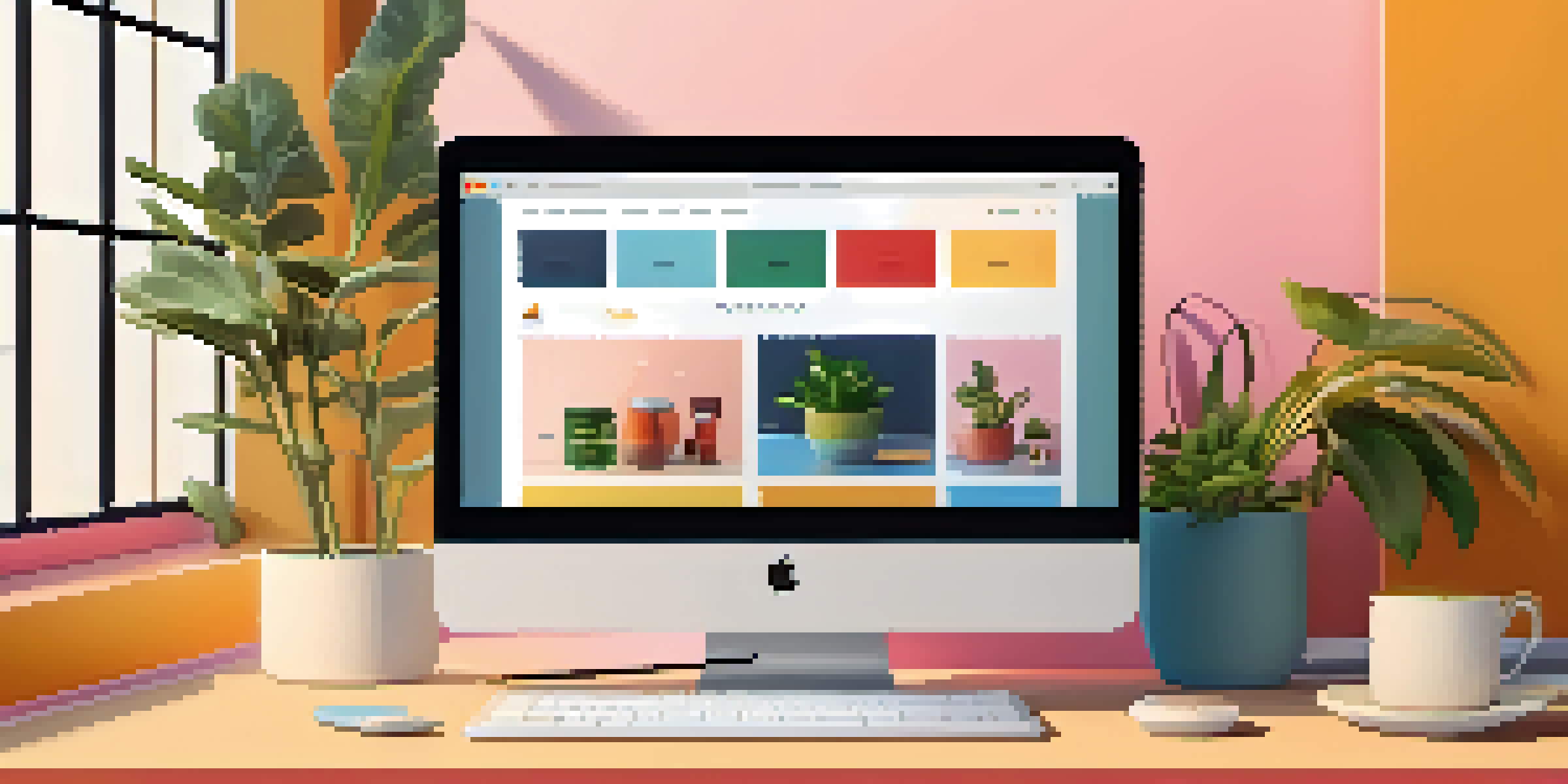 A laptop showing a vibrant e-commerce website in a cozy workspace, with a potted plant and a cup of coffee.