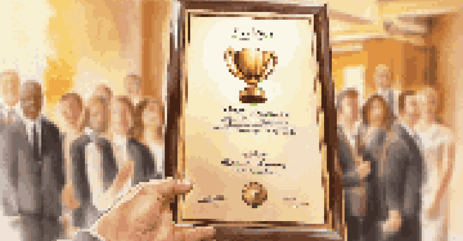 A hand holding a recognition award trophy with the word 'Excellence', set against a blurred background of colleagues celebrating.