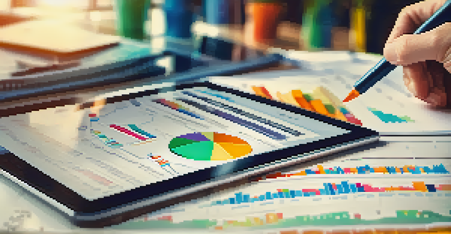 A close-up of a tablet showing sales metrics and performance indicators, with a hand pointing at a graph.