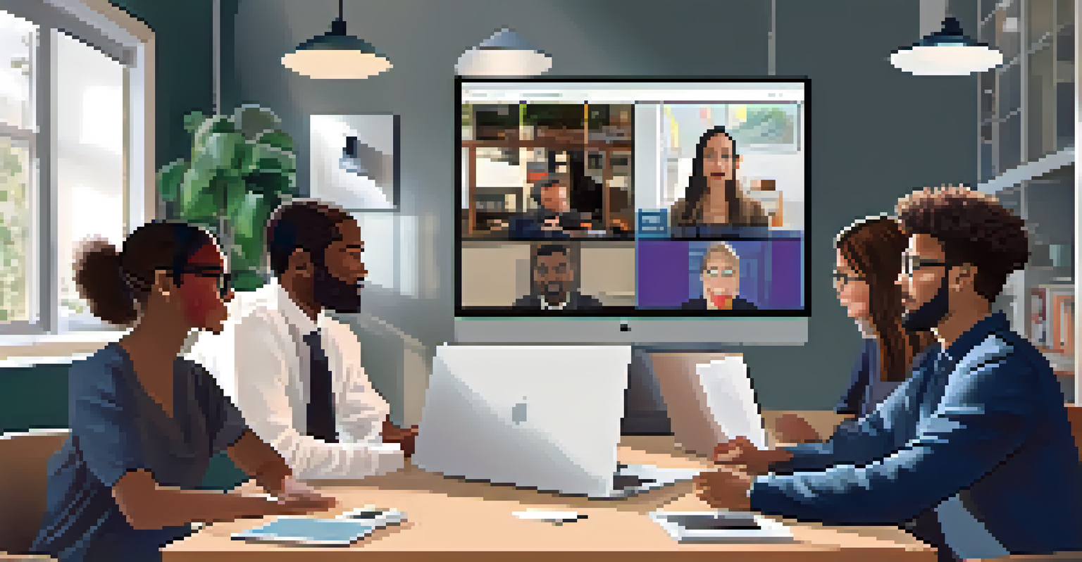 A diverse team participating in a video conference call from various locations, including a home office, café, and co-working space, highlighting collaboration.