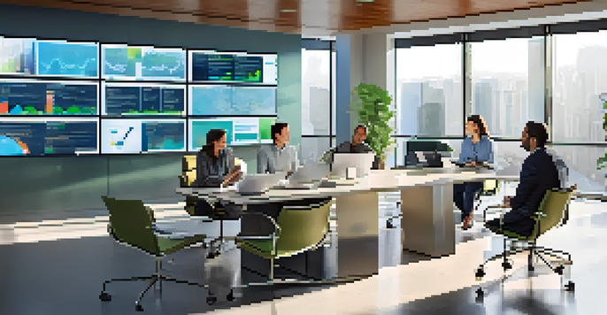 A diverse team of professionals in a modern office discussing risk management, with graphs on a screen and natural light coming through windows.
