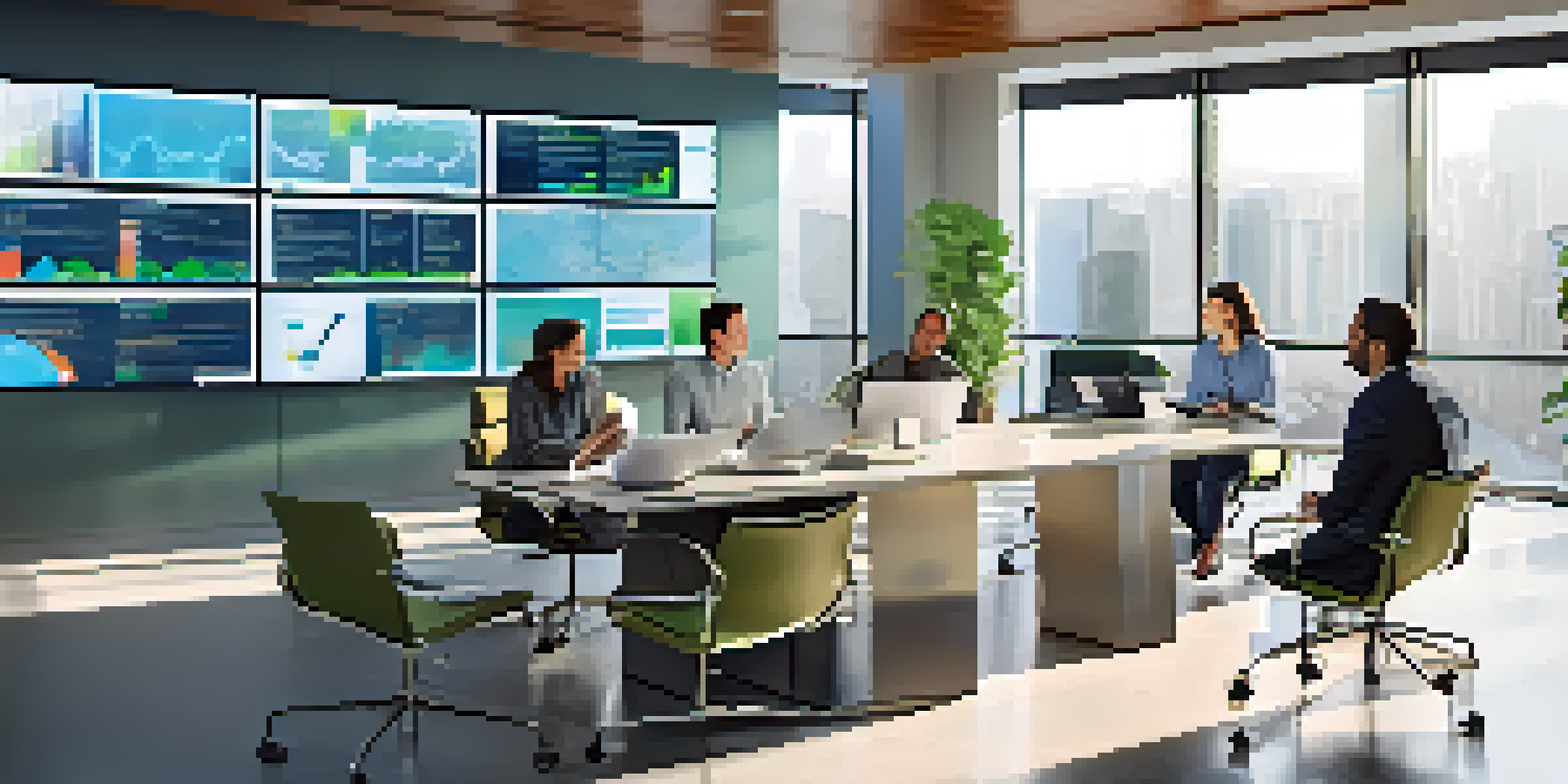 A diverse team of professionals in a modern office discussing risk management, with graphs on a screen and natural light coming through windows.