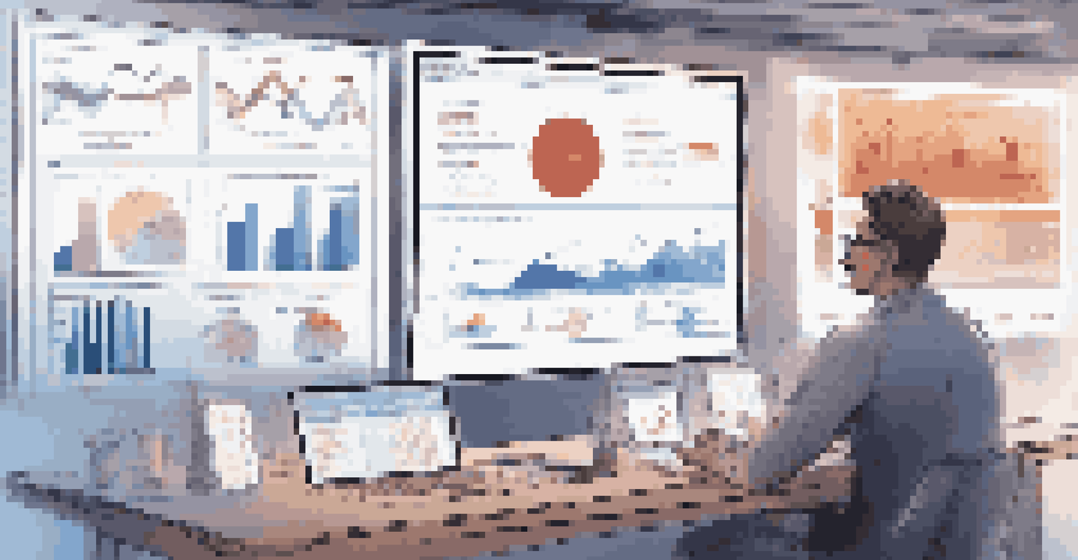 A modern workspace with data analytics tools and a person analyzing charts and graphs on a laptop.