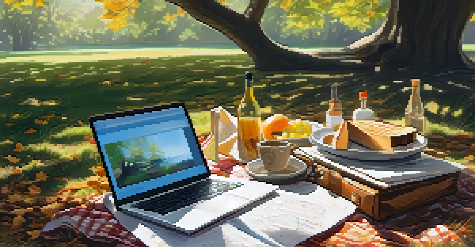 An outdoor picnic scene with a laptop, notepad, and sketches under a tree, illuminated by dappled sunlight.