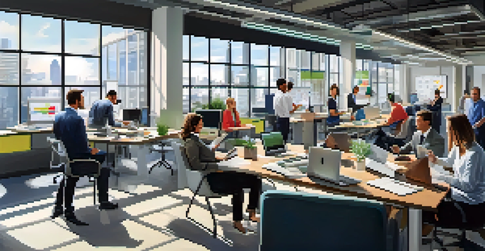 A diverse group of employees collaborating in a modern office, surrounded by digital devices and natural light.