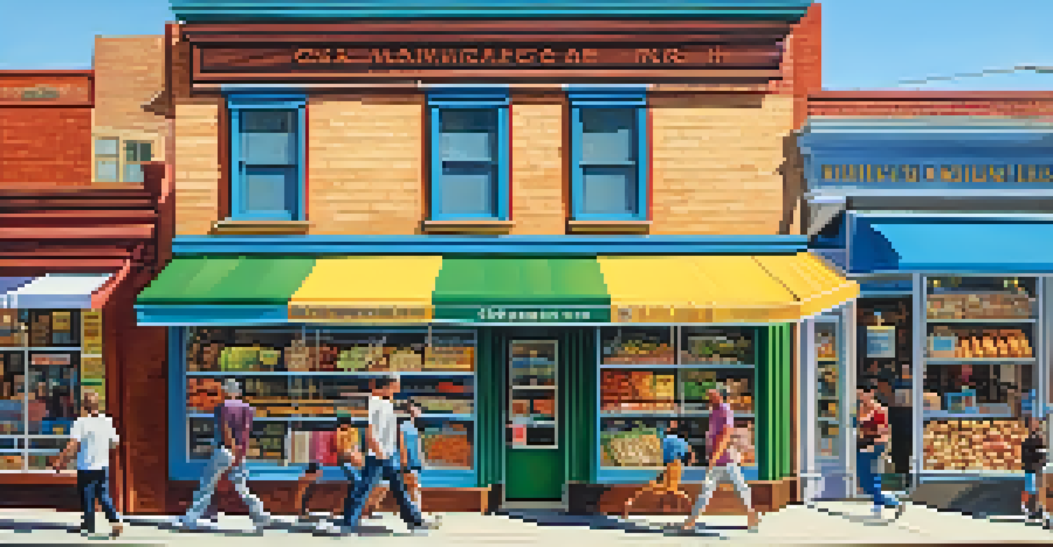 A lively street with people walking by a colorful franchise store displaying food items.