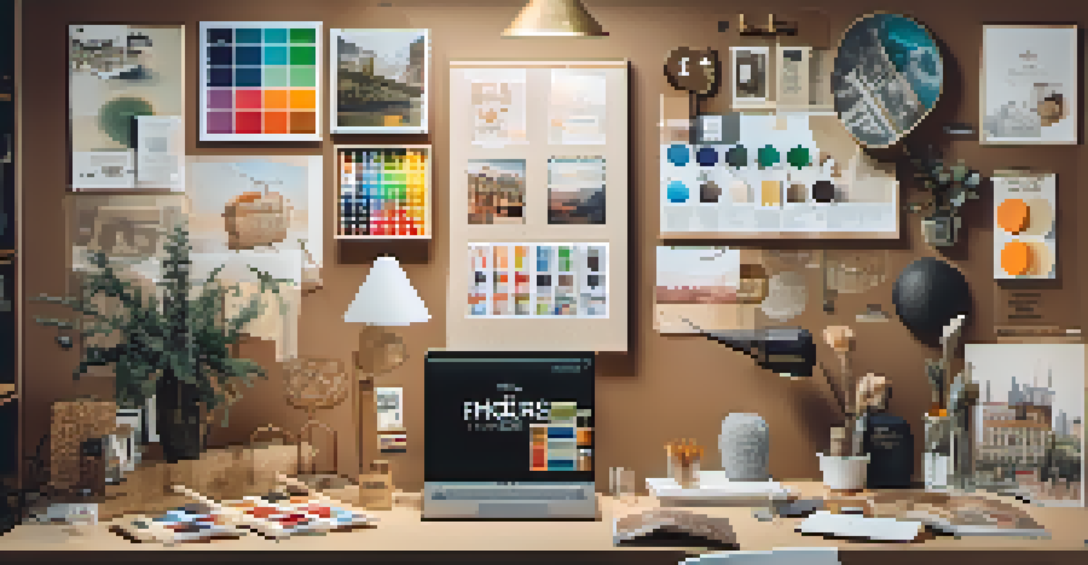 A mood board displaying logos, color swatches, and typography samples, pinned on a corkboard with bright lighting.