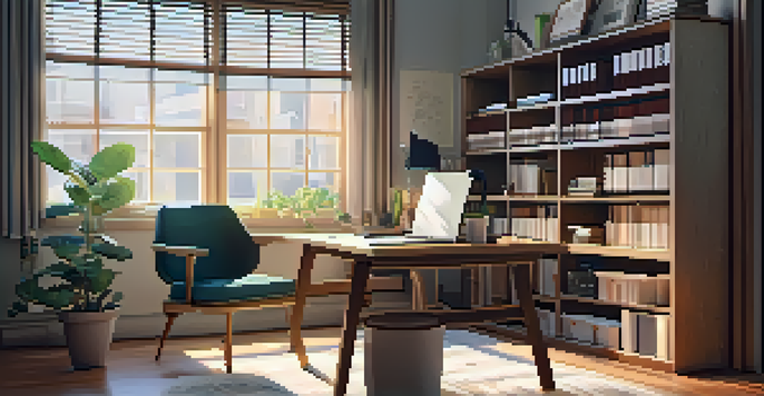 A peaceful office space featuring a wooden desk with a laptop, a potted plant, and sunlight streaming through a window.