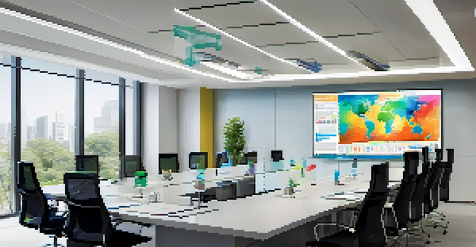 A diverse group of professionals in a bright office discussing colorful infographics displayed on a large screen.