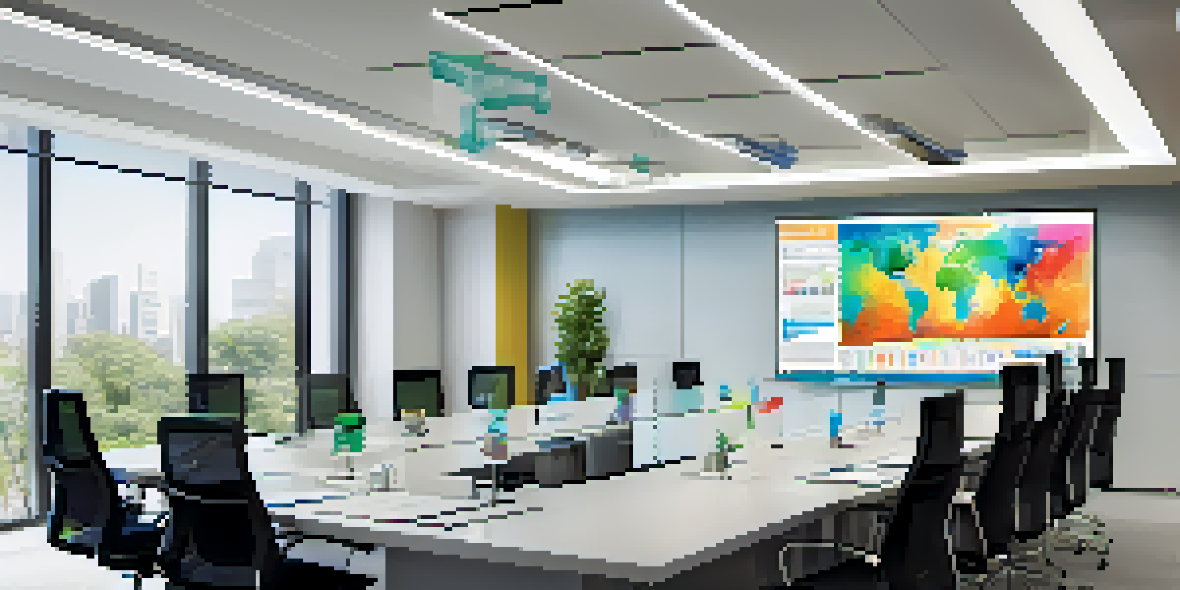 A diverse group of professionals in a bright office discussing colorful infographics displayed on a large screen.