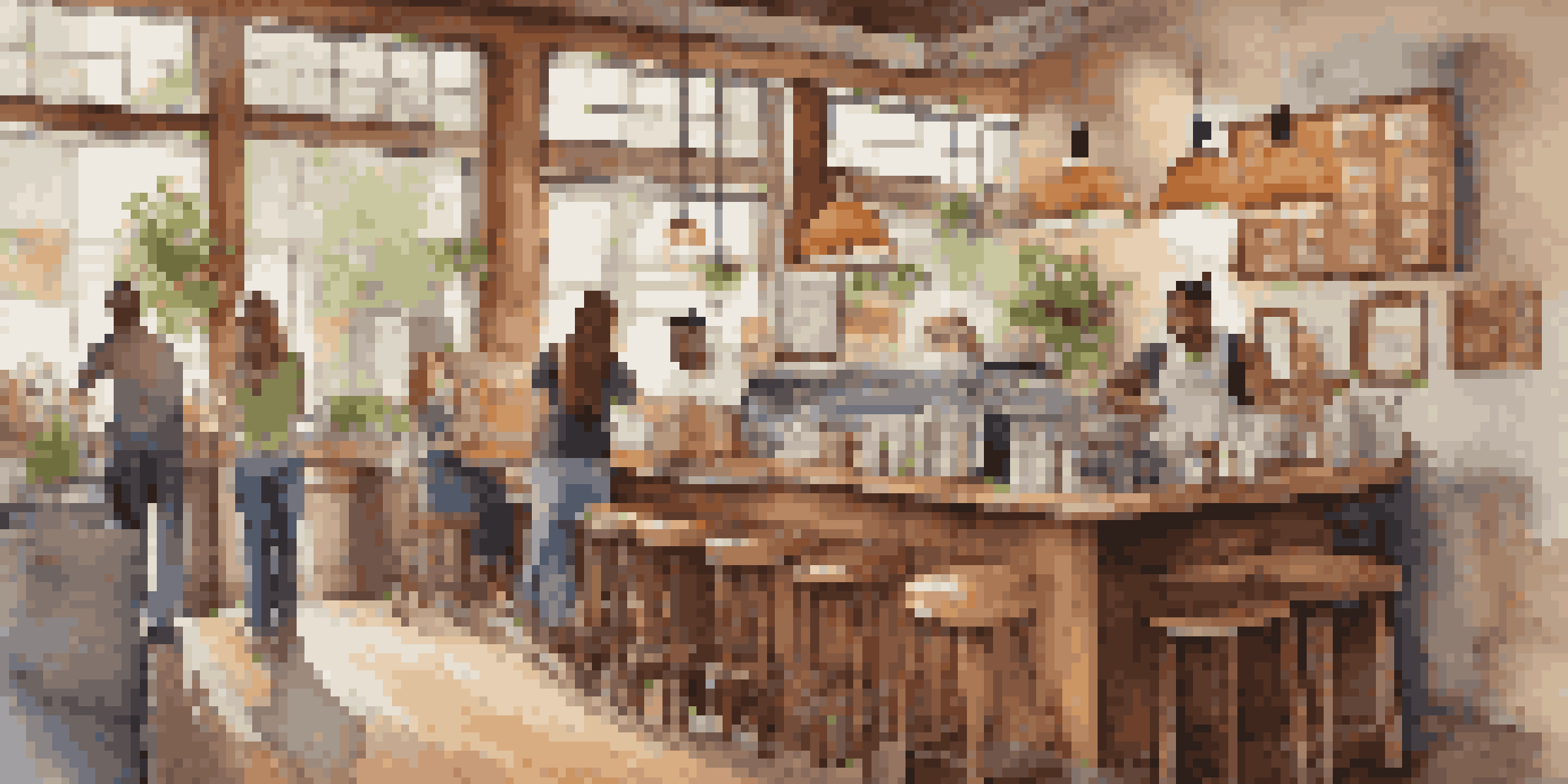 A lively coffee shop with diverse customers enjoying organic beverages, warm wooden decor, and a barista preparing drinks.