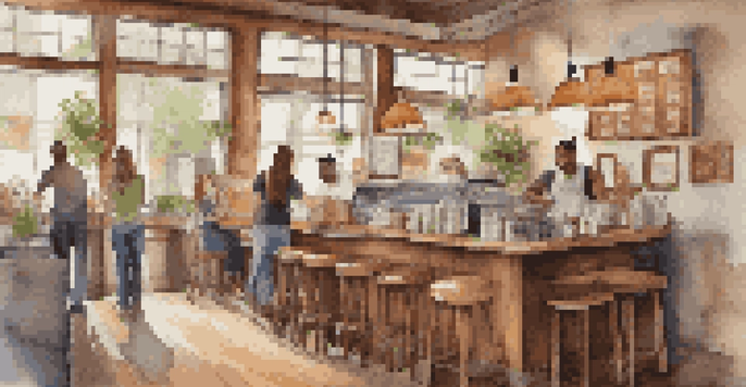 A lively coffee shop with diverse customers enjoying organic beverages, warm wooden decor, and a barista preparing drinks.