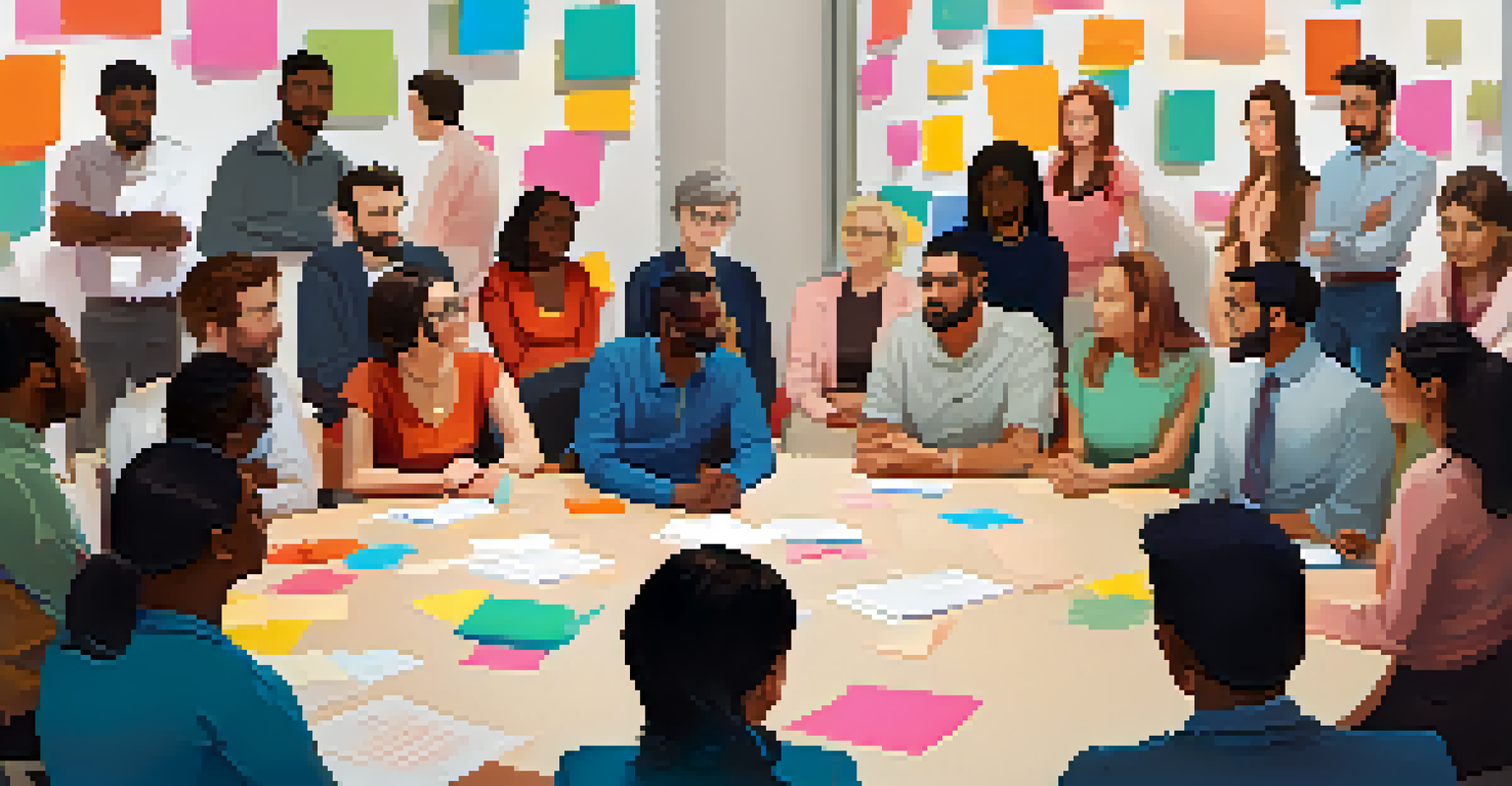 A diverse group of individuals in a circle during a negotiation workshop, actively listening and engaging with open body language in a colorful and interactive setting.