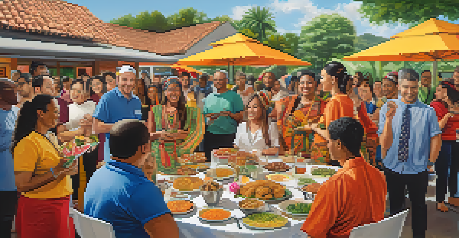 Employees enjoying a cultural celebration in the workplace with decorations and diverse foods, fostering community.