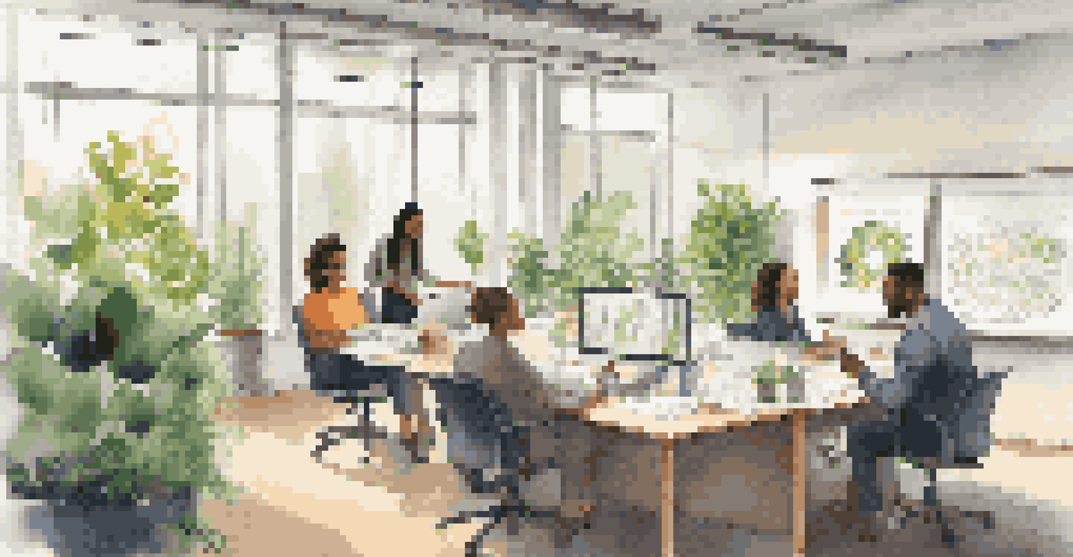 A diverse team of professionals in an office discussing Corporate Social Responsibility, surrounded by greenery and a bright, well-lit environment.