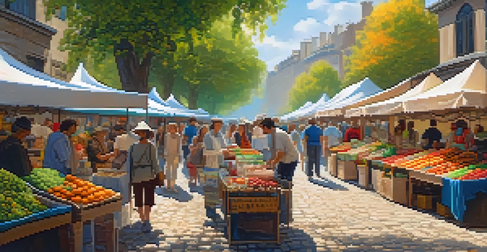 A lively marketplace with eco-friendly products, featuring stalls with reusable bags and organic fruits, illuminated by soft sunlight.