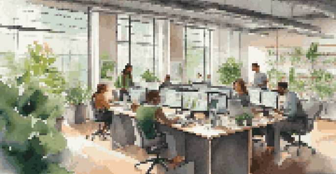 A diverse group of employees working together in a bright office space, emphasizing teamwork and adaptability.