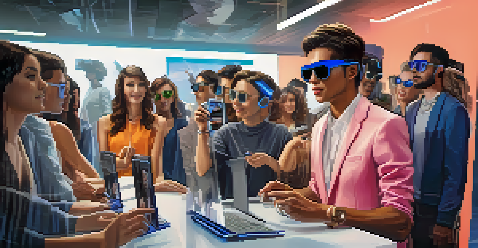 A virtual influencer character engaging with a digital audience on social media, surrounded by futuristic interface elements showing likes and comments.