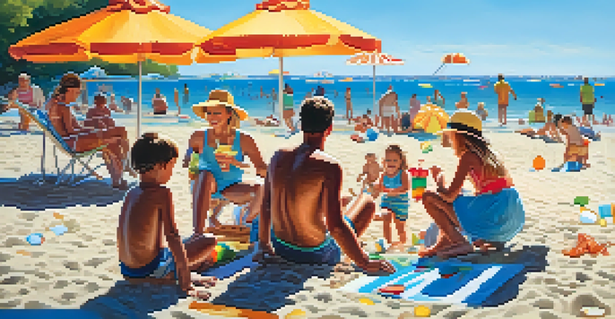 Families enjoying ice cream on a sunny beach with children playing in the sand and colorful umbrellas in the background.