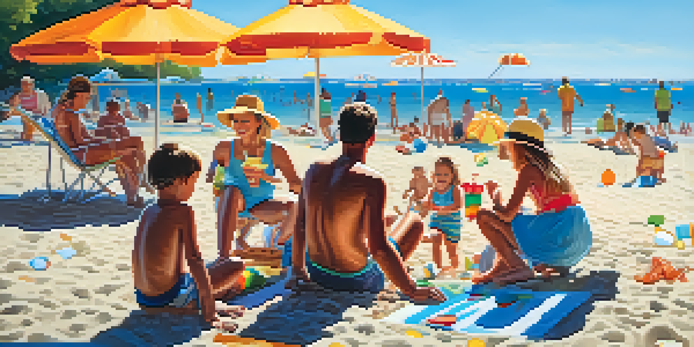 Families enjoying ice cream on a sunny beach with children playing in the sand and colorful umbrellas in the background.